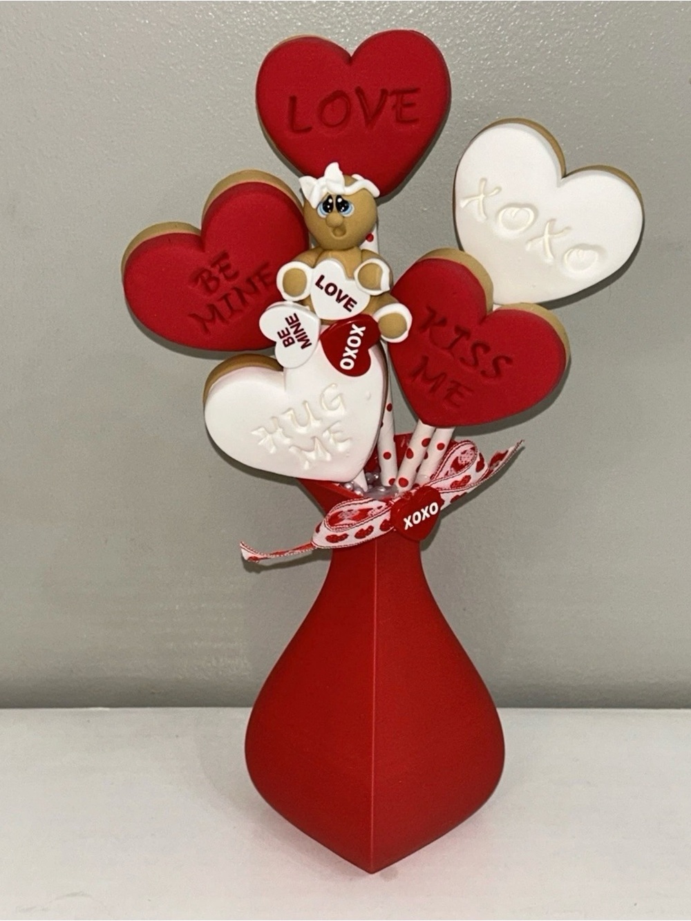 Red and White Heart Fake Gingerbread Cookie Bouquet - Decorative Centerpiece